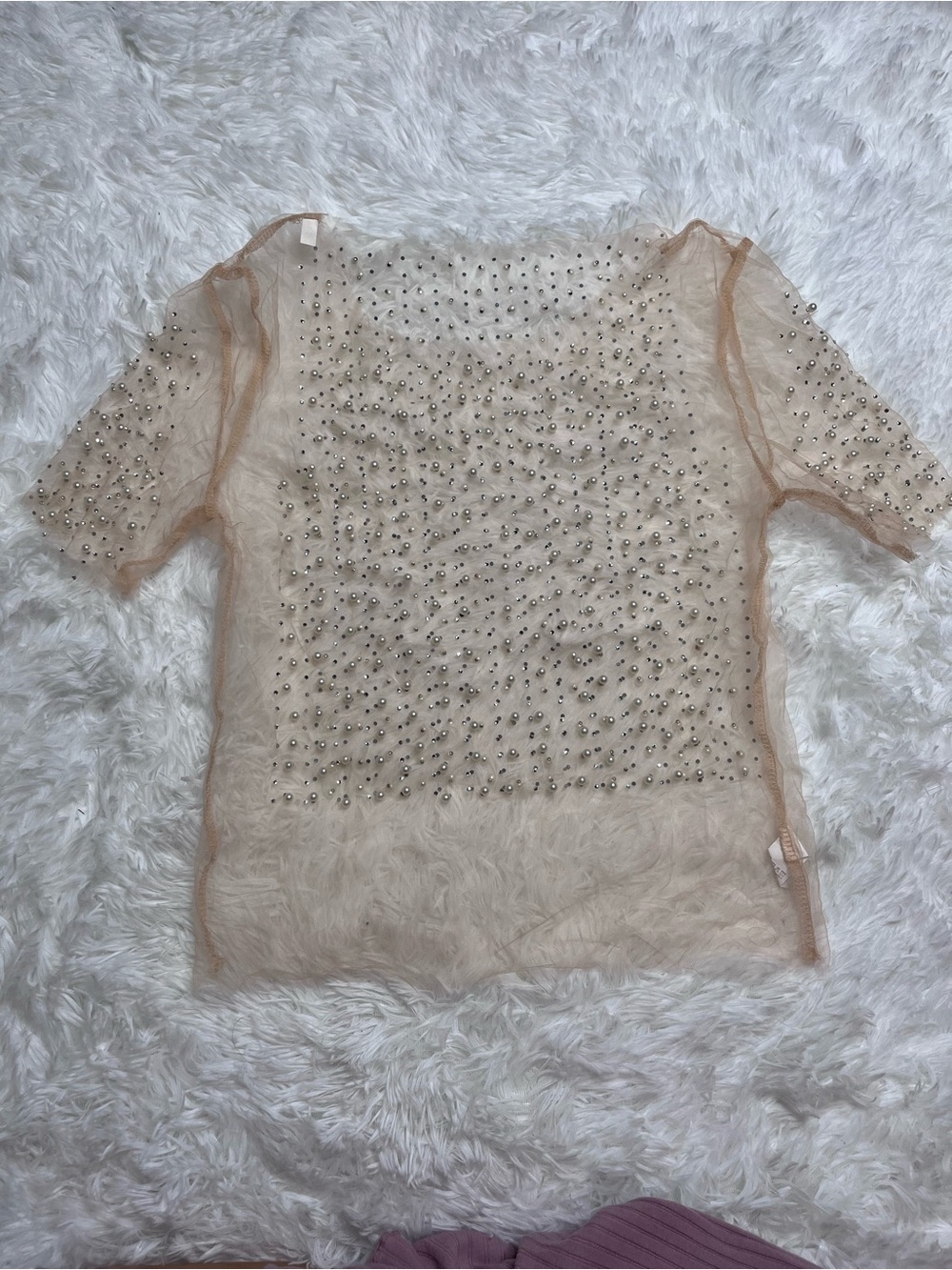 Sheer Embellished Short Sleeve Top - Nude
